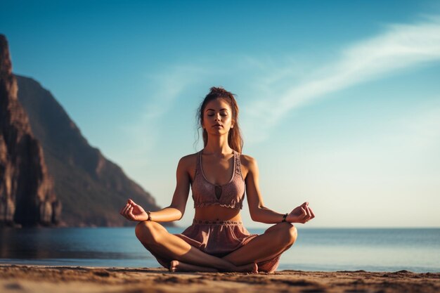 Foto junger Frau beim Yoga am Strand