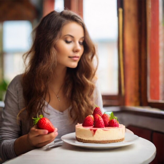 Foto junger Frau isst Erdbeerkäsekuchen