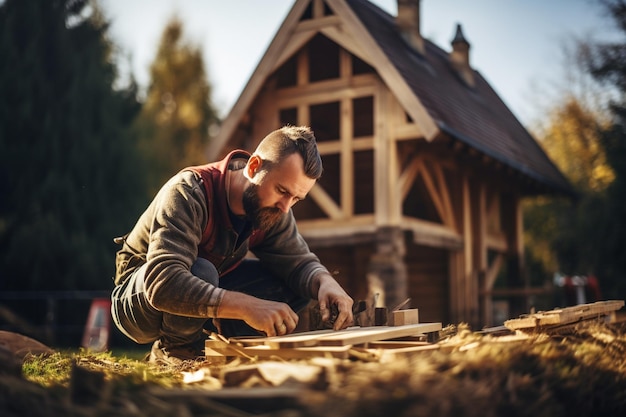 Foto foto junger handwerker, der ein haus baut