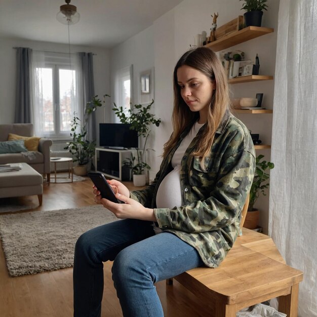 Foto junges hübsches schwangeres Mädchen arbeitet zu Hause