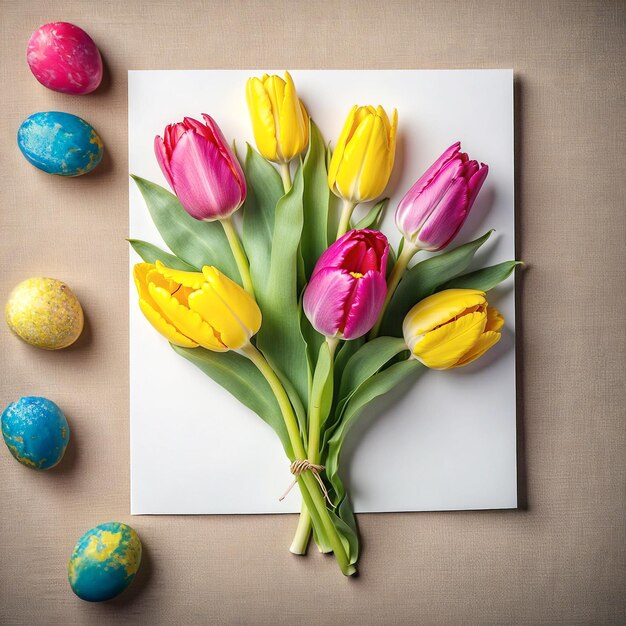 Foto-Karte mit einem Blumenstrauß farbenfroher Tulpen und freiem Raum Frauentag