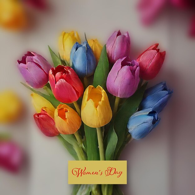 Foto-Karte mit einem Blumenstrauß farbenfroher Tulpen und freiem Raum Frauentag