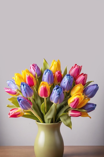 Foto-Karte mit einem Blumenstrauß farbenfroher Tulpen und freiem Raum Frauentag