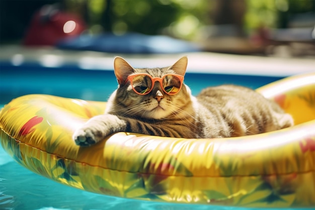 Foto-Katze mit Sonnenbrille ruht an einem aufblasbaren Matratz am Pool an einem Urlaubstag im Resort
