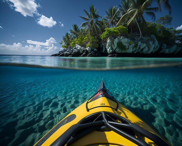 Foto de un kayak amarillo flotando cerca de una isla serena