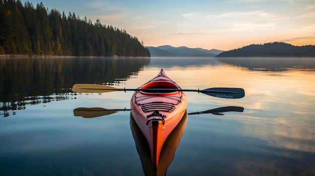 Una foto de un kayak y remo en un lago tranquilo listo para una aventura