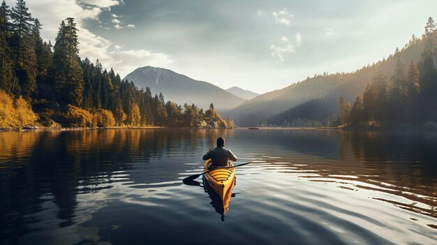 Una foto de un kayakista remando a través de un lago tranquilo