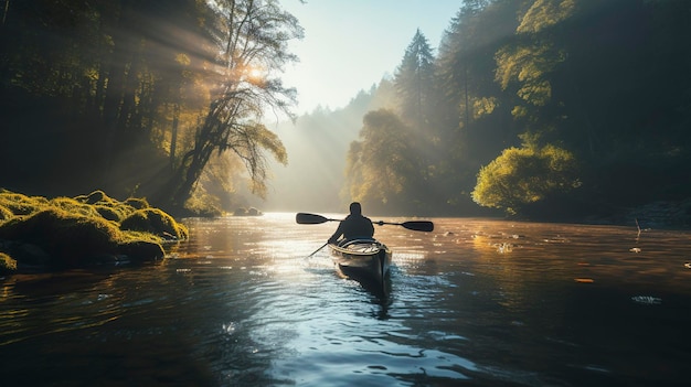 Una foto de un kayakista remando a través de un pacífico