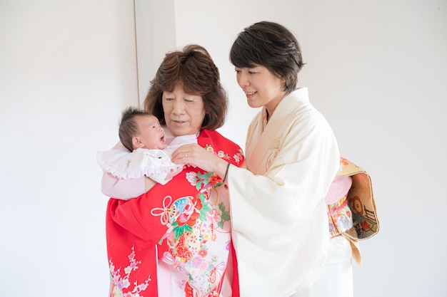 Foto de kimono japonés con la familia.