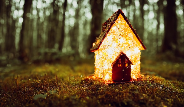 Foto foto kleines märchen funkelndes haus im magischen wald ai generiert