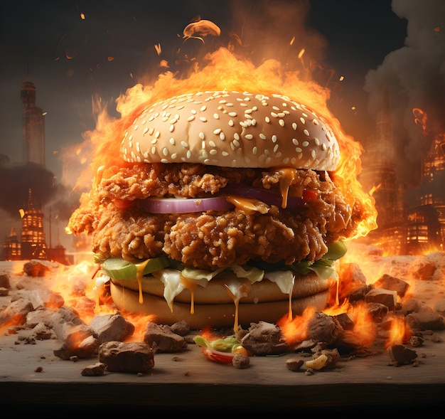 Foto köstlicher Hamburger-Burger mit Flamme auf dunklem Hintergrund, generative KI