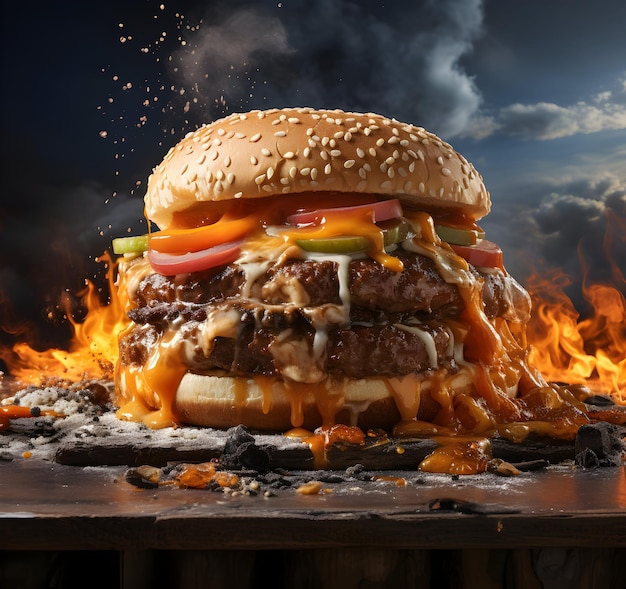 Foto köstlicher Hamburger-Burger mit Flamme auf dunklem Hintergrund, generative KI