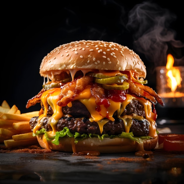 Foto köstlicher Hamburger-Burger mit Flamme auf dunklem Hintergrund, generative KI