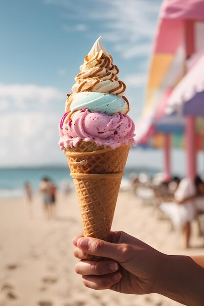 Foto köstliches Eis in Waffelkegeln in den Händen auf dem Hintergrund des Strandes