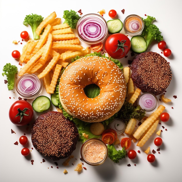 Foto kostenlose Fast-Food-Burger und Pommes Frites mit Gewürzen