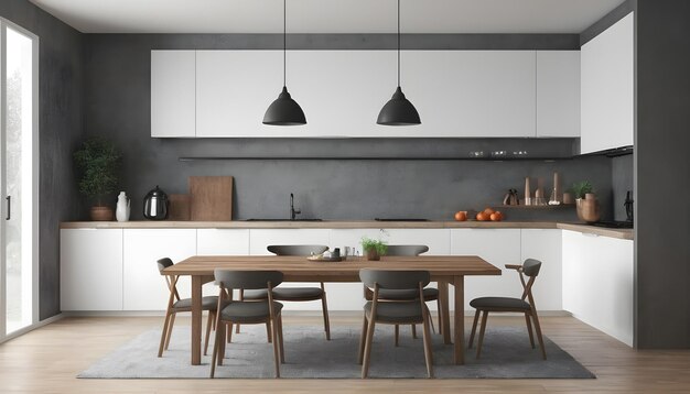 Foto Küchenzimmer mit einem Esstisch Wand 3D-Rendering