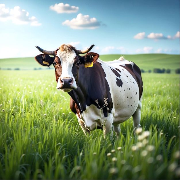 Foto Kuh auf einem grünen Grasfeld KI-generiert