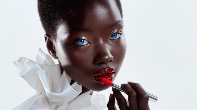 La foto de labios rojos de una joven y hermosa mujer africana mirando a la cámara AIGX