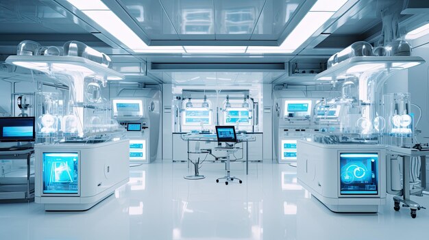 Una foto de un laboratorio futurista lleno de equipos de alta tecnología