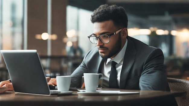 Foto lächelnder Geschäftsmann mit Brille, der am Tisch sitzt