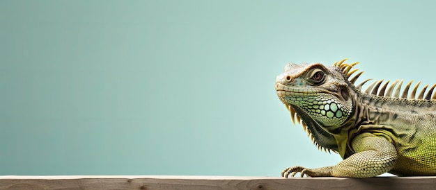 Foto de un lagarto posado en una valla de madera tomando el sol con espacio para copiar