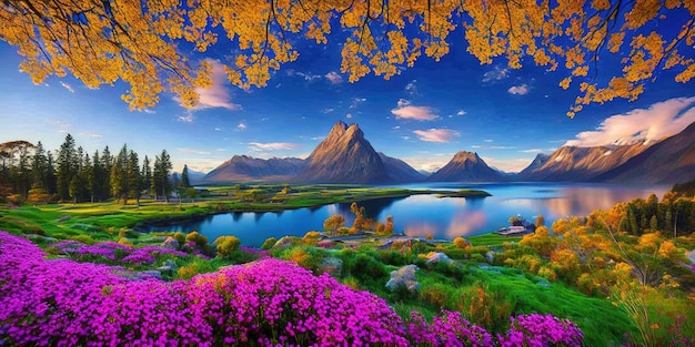 Foto una foto de un lago con flores y montañas al fondo.