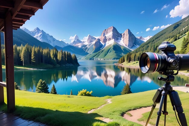 Una foto de un lago de montaña con una cámara.