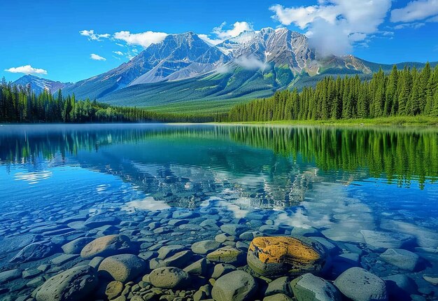 Foto de un lago con una montaña en el fondo montañas de nieve papeles pintados de montaña