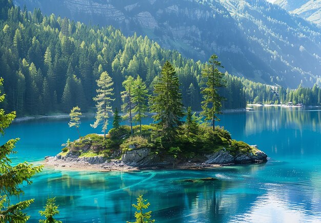 Foto de un lago con una montaña en el fondo