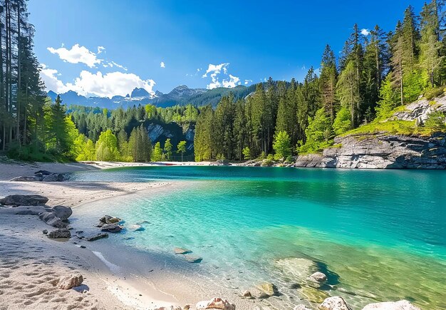 Foto de un lago con una montaña en el fondo