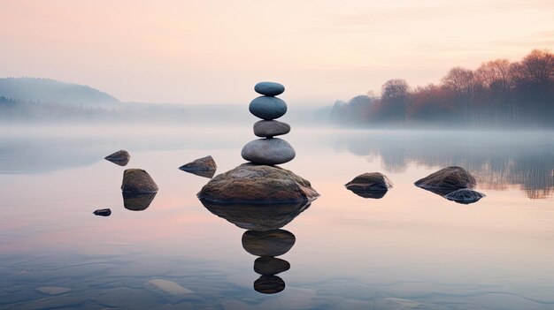 Una foto de un lago con piedras levitantes por la mañana brumosa