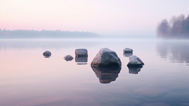 Una foto de un lago con piedras levitantes por la mañana brumosa