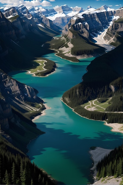 Foto de un lago sereno ubicado entre montañas majestuosas