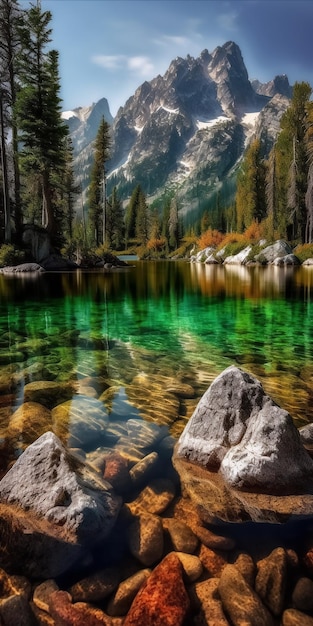 Foto de un lago sereno ubicado entre un terreno rocoso y árboles frondosos con una montaña majestuosa