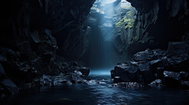 Una foto de un lago subterráneo en una cueva de granito