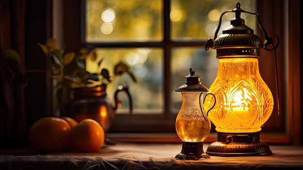 Una foto de una lámpara de aceite antigua en una ventana desgastada luz de la hora dorada