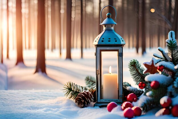 foto lanterna de natal com ramo de abeto e decoração em fundo desfocado de mesa nevada