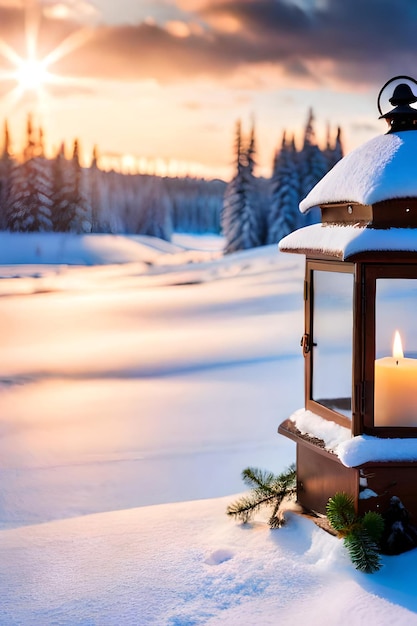 foto lanterna de natal com ramo de abeto e decoração em fundo desfocado de mesa nevada