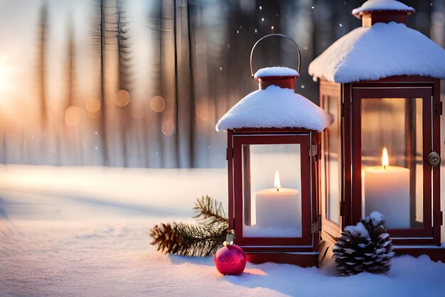 foto lanterna de natal com ramo de abeto e decoração em fundo desfocado de mesa nevada