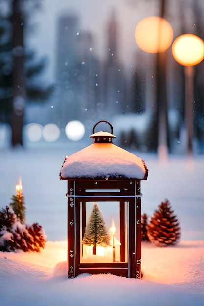 foto lanterna de natal com ramo de abeto e decoração em fundo desfocado de mesa nevada