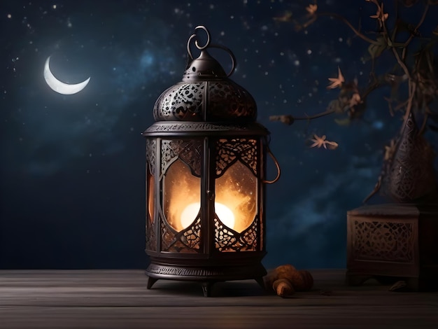 Foto lanterna islâmica do Ramadã com lua crescente no fundo do céu noturno