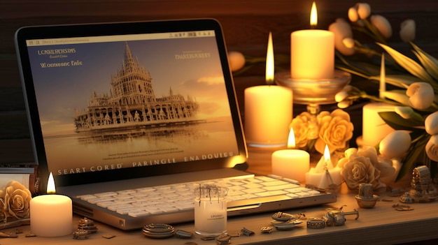 una foto de una laptop con velas