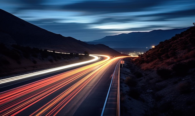 Una foto de larga exposición de una autopista por la noche