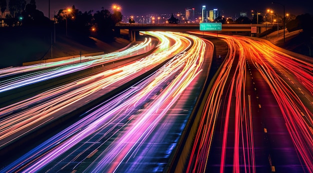 Una foto de larga exposición de una carretera en la imagen de ai generativa nocturna