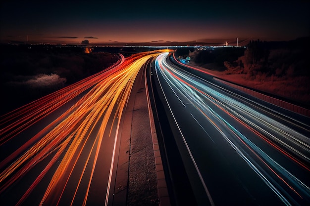 Una foto de larga exposición de una carretera en la noche generativa ai