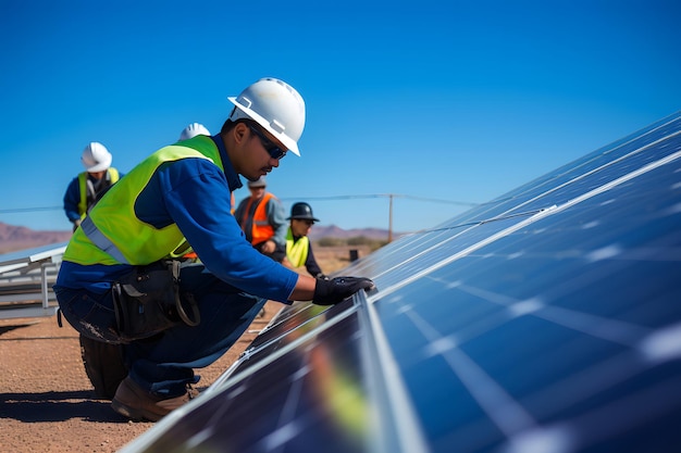 Foto lateral de vários trabalhadores colocando painéis solares em um telhado