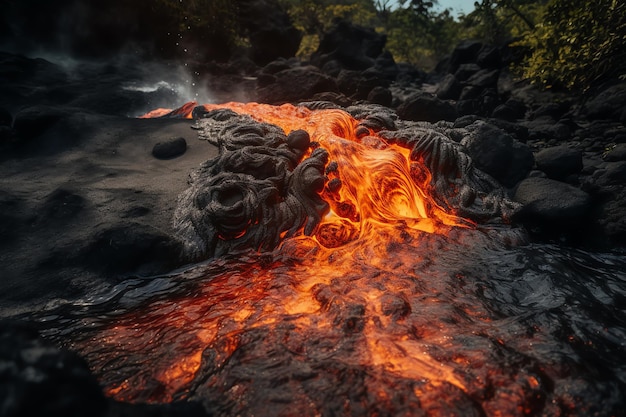 Foto de lava caliente que fluye a través del río generativo ai