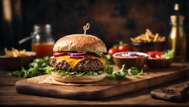 Foto leckerer Burger mit vielen Zutaten leckere Cheeseburger-Splash-Sauce 2