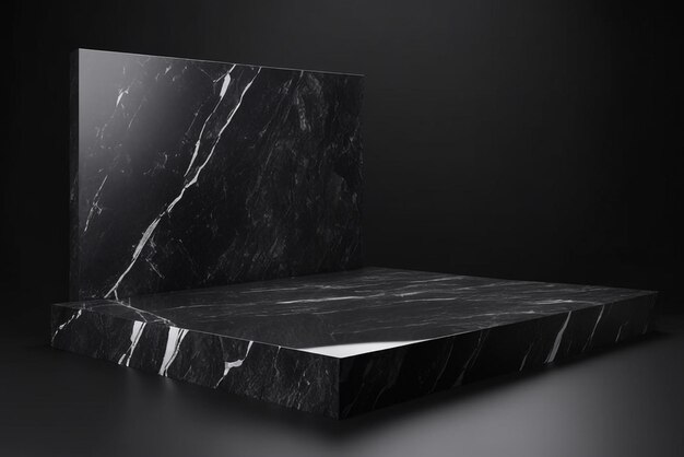 Foto leerer schwarzer Stein Produktdisplay Bühne 3D-Hintergrund mit Rahmen Rock Podium Ständer dunkle Textur