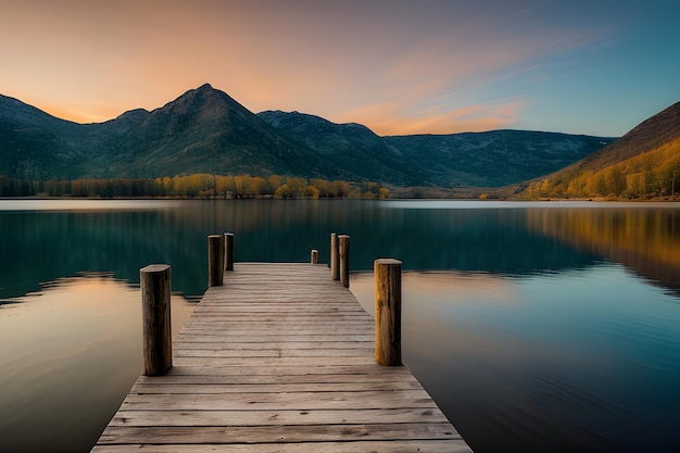 Foto leeres Holzdock in einem See während eines atemberaubenden Sonnenuntergangs ein cooler Hintergrund friedlich